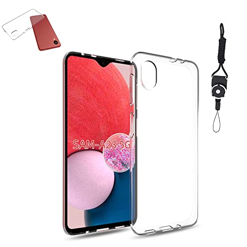 Galaxy A23 5G SC-56C / SCG18 用の ケース カバー クリア 全透明 対応 TPU 耐衝撃 指紋防止 薄型 軽量 黄変防止 ストラップホール付属 ネックストラップ付 Qi充電対応 Galaxy A23 5G