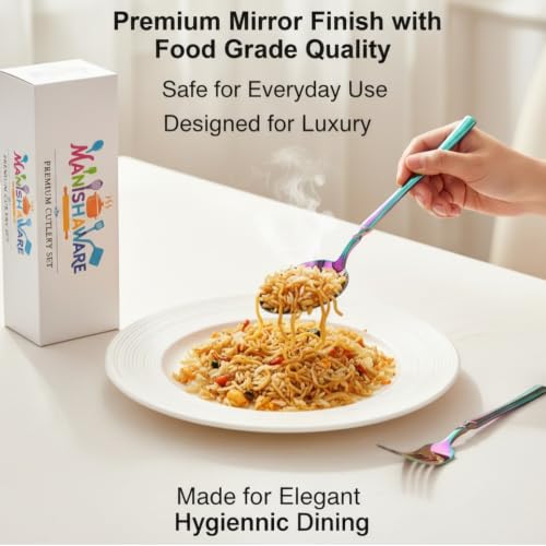 Image of Classic Rainbow 20 Pcs Stainless Steel Cutlery Set for Dining Table, Dishwasher Safe Glossy Flatware (Perfect Spoon Fork Set)