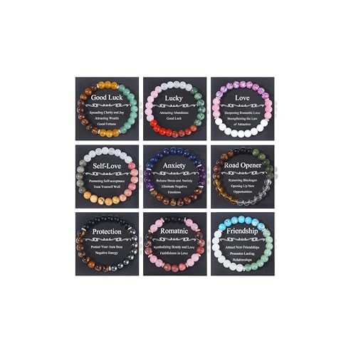 Jewdreamer 9PCS 8mm Healing Crystal Bracelet for Women Spiritual Crystals Beaded Bracelets Protection Good Luck Love Friendship Anxiety Stone Healing Bracelet with Message Card Jewelry Gifts