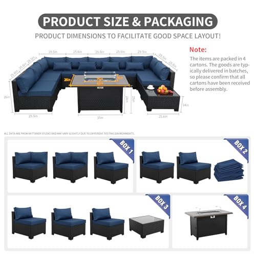Image of Rattaner 10 Pieces Outdoor Sectional All-Weather Wicker Patio Furniture Set Patio Sectional and Steel Fire Table and Glass Patio Table Non-Slip Cushions and Waterproof Covers, Navy Blue