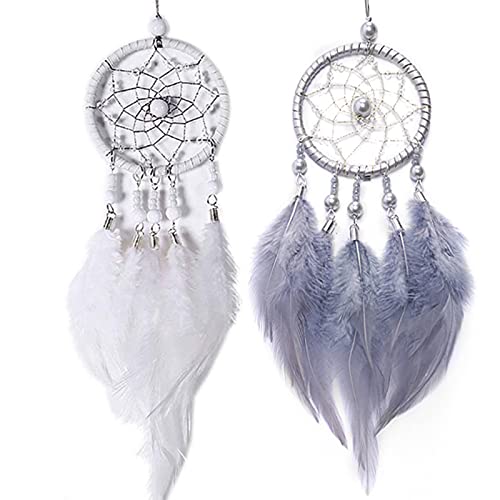 Mini Traumfänger Anhänger mit Federn Dreamcatcher Klein Traumfänger für Baby Traumfänger Handgefertigt Dreamcatcher Net Dekoratio Perfekt für Zuhause Wand Zimmer Fenster und Auto (grau weiß) 2 Stück