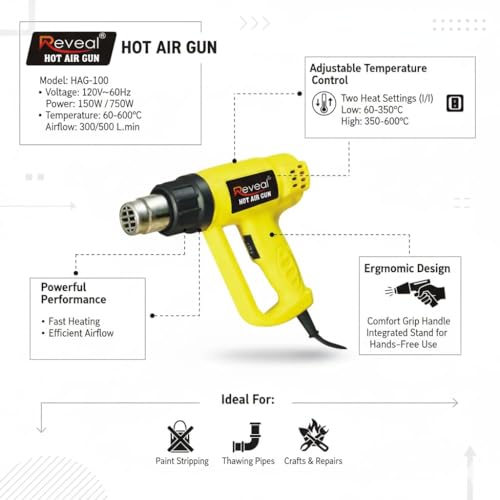 Image of 2000W Hot Air Heat Gun, 2-Mode Adjustable Temperature, Heavy-Duty, Red, for Shrink Wrapping, Paint Removal and Soldering (YELLOW)