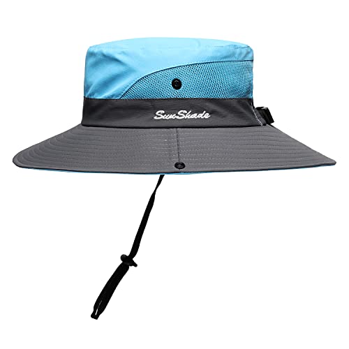 Image of Womens Summer Sun Hat Beach Hat Wide Brim Outdoor UV Protection Hat Foldable Cool Mesh Ponytail Bucket Hat