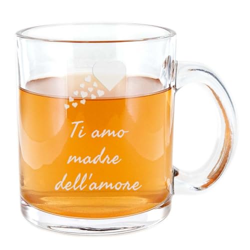 Ocadeau Tazza in vetro trasparente personalizzata con testo e motivo – Mug con manico personalizzabile – Regalo per festa della mamma, compleanno o Natale
