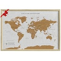 Splosh Travel Map - Desk World Map Pin Board in White Wooden Frame World Map Cork Board with 100 Pins in 2 Colours to Mark Your Past and Future Adventures Framed World Maps for Desks.