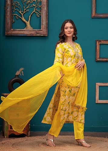 Image of MANHAREE | Women's Rayon Printed Straight Kurta with Pant & Dupatta Set
