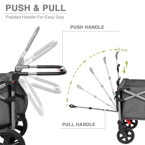 Image of EVER ADVANCED Foldable Wagons for Two Kids & Cargo, Collapsible Folding Wagon Stroller with Adjustable Handle Bar,Removable Canopy with 5-Point Harness,Black