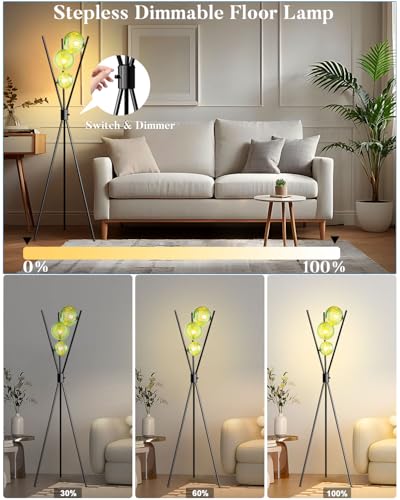 Image of Lightdot Dimmable Black Tripod Floor Lamp, Mid Century Standing Lamps with 3 Globe Green Glass Lampshade& Bulb Included, 3000K Bulbs Included Modern Tall Lamp for Living Room /Sofa Beside /Corner Decor
