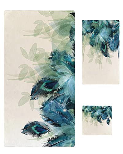 Teal Turquoise Towel Sets For Bathroom,Microfiber Bath Kitchen Beach Hair Hand Yoga Dish Towels And Washcloths,Peacock Feather Blue Modern Minimalistic Abstract Quick Dry Decorative Towels+Set Decor #TOP12