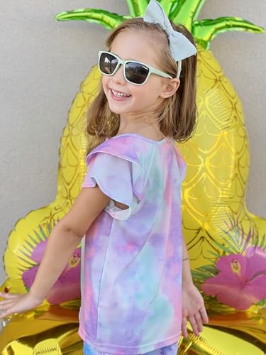 Image of Girls T Shirts Ruffle Short Sleeve Round Neck Loose Blouse Summer Solid Color Casual Girl Tee Tops for 3-12 Years