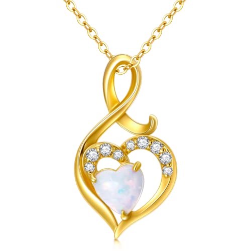 SISGEM Real Gold Infinity Necklace with Opal for Women,14K Yellow Gold Infinity Pendant Necklace Simulated Heart-Shape Opal Jewelry Gifts for Birthday Christmas 16+1+1 inch