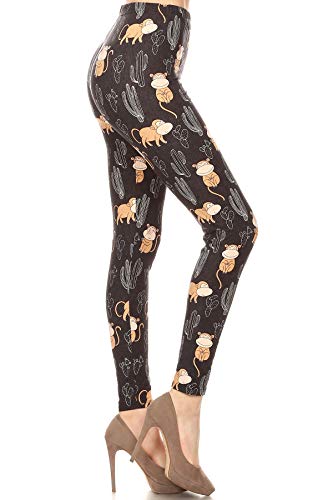 Leggings Depot High Waisted Checkered & Animal Print Leggings for Women-Full Length-S728, Cactus and Monkey, One Size