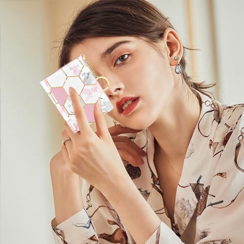 Image of Rouidr Womens Wallet, Small Slim RFID Card Wallets for Women, Cute Front Pocket Trifold Leather Card Organizer with 7 Slots & ID Window, Pink Hexagon