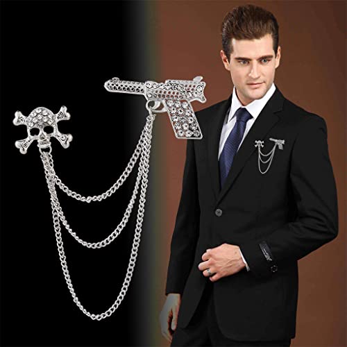 Image of Gothic Halloween Skull Hand Brooch Pin for Women Men Punk Vintage Crystal Skeleton Tassel Chain Lapel Pins Dark Skull Brooches Sweater Suit Accessory