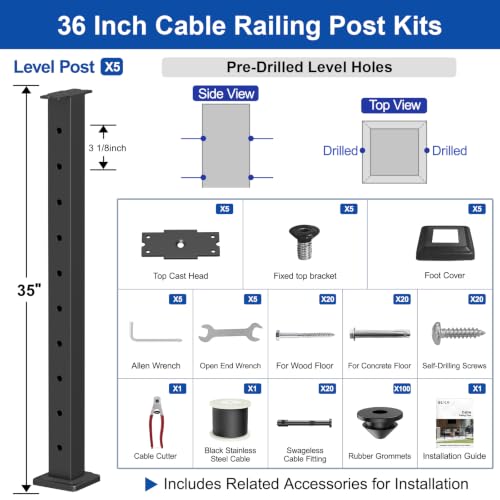 Image of BLIKA 16FT-24FT Complete Set 36 inch Cable Railing Post Kit