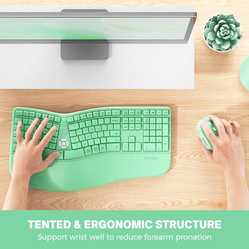Image of MEETION Ergonomic Keyboard and Mouse, Wireless Keyboard with Vertical Mouse, Split Curved Keyboard with Wrist Rest, USB C Rechargeable Full Size, Windows /Mac /PC /Laptop, Green
