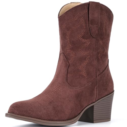 Image of IXU Cowboy Boots for Women Wide Suede Ankle Western Cowgirl Boots Mid Calf Pointed Toe Short Chunky Classic Booties
