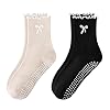 FIYIGO Pilates Yoga Grip Socks for Women, Bow-Patterned Ruffled Crew Socks Ideal for Fitness, Ballet Bar Work&Dance 2 Pairs-Black, Apricot