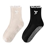 FIYIGO Pilates Yoga Grip Socks for Women, Bow-Patterned Ruffled Crew Socks Ideal for Fitness, Ballet...