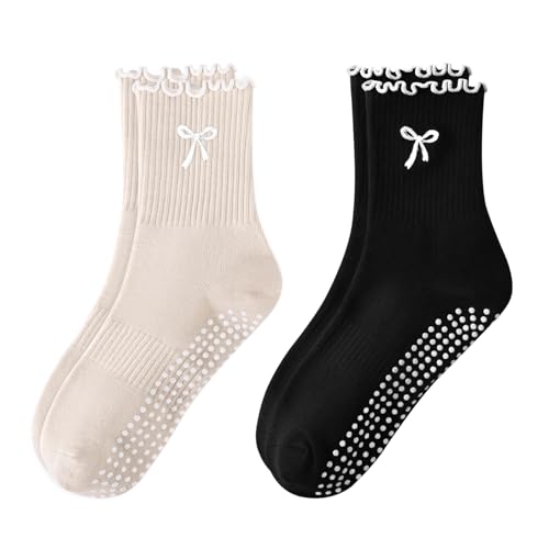 FIYIGO Pilates Yoga Grip Socks for Women Bow-Patterned Ruffled Crew Socks Ideal for Fitness Ballet Bar Work&Dance 2 Pairs-Black Apricot
