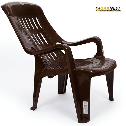 Image of Oaknest Unboxing Furniture Celloo Premium Plastic Relaxing Chair with Armrests | Ergonomic High-Back Lounge Seating for Home, Garden & Balcony (Brown), Count of 2
