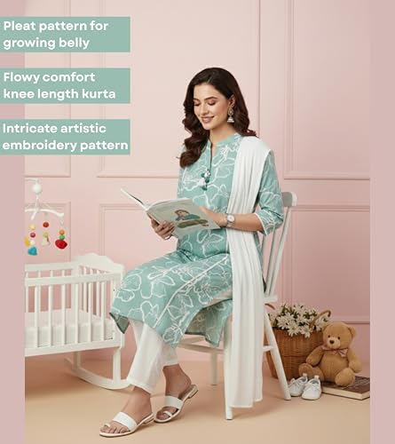 Image of DUMMY SHAPE Maternity Dresses for Women Cotton | Floral Kurta Pant Dupatta Set with Nursing Zippers, Side Pocket | Pre & Post Pregnancy | Feeding Kurti Suit | Baby Shower | Gifts for Pregnant Woman