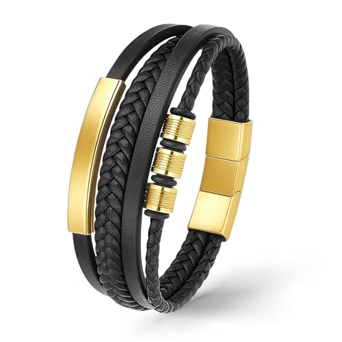 UNIQAL | Lederarmband Herren BLACK SHAPE Mens Bracelet | Edelstahl, Echtleder | Etui Box Gratis (Gold, 19)
