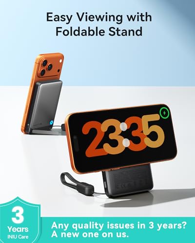 Image of INIU Magnetic Portable Charger, Ultra Slim Qi2 Certified 10000mAh 45W Fast Charging Power Bank, Wireless Battery Pack with Foldable Stand, Phone Charger Only for iPhone 16 /15 /14 /13 /12 Series, Blue