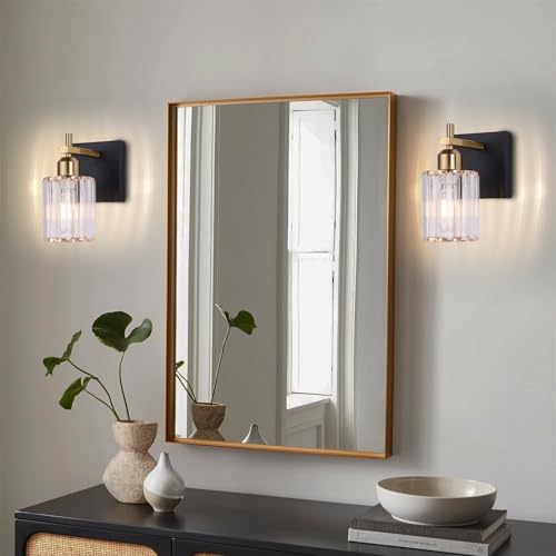 Image of Black Gold Wall Sconces Set of 2: Modern Vanity Lights with Crystal Glass Shade, Bathroom Sconces Set of Two, Crystal Wall Light Fixtures for Bath Mirror Living Room Bedroom Hallway Kitchen, E26 Base