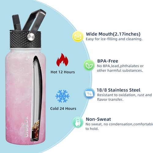 Image of BJPKPK 2 Pack 32oz Insulated Water Bottles with Straw Lids, Stainless Steel