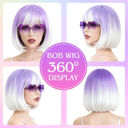 Image of PLULON Purple White Ombre Bob Wig with Bangs for Women Men, Colorful Short Funny Bob Wigs with Heart Sunglasses and Hair Cap Colored Cosplay Hairpieces for Halloween Costume Neon Bachelorette Party