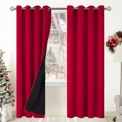 BGment Christmas 100% Blackout Curtains Thermal Insulated with Liner for Living Room Decoration - Grommet Double Layer Energy Saving Bedroom Curtain Drapes (52 x 84 Inches, Red, 2 Panels)