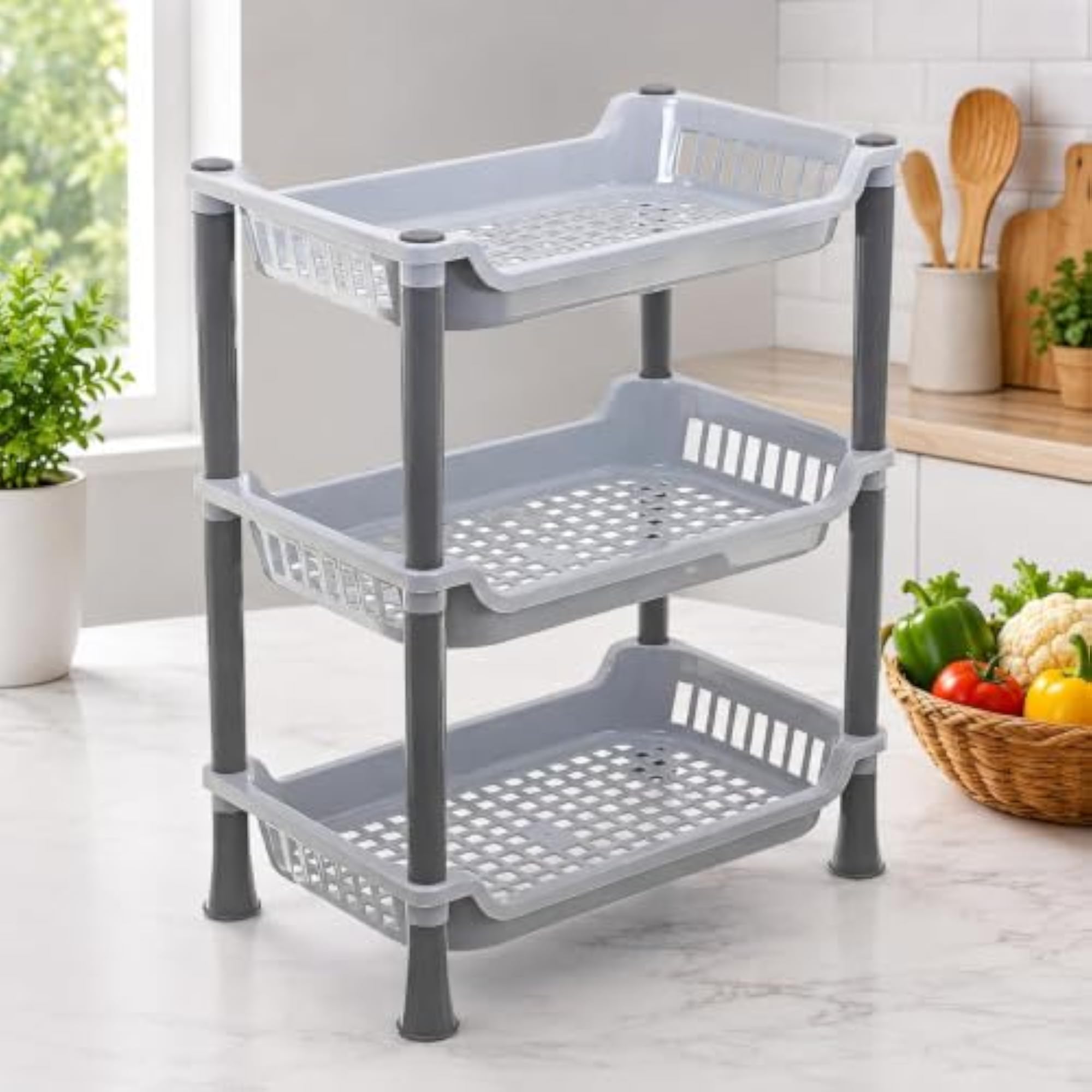 3-Tier Kitchen Storage Rack, Plastic Vegetable & Fruit Organizer Shelf