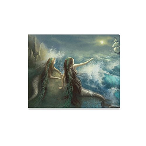 Interestprint Abstract Hunting Two Mermaids In Stormy Ocean Canvas Prints Wall Art Wood Framed Modern Home Decor, 20 X 16 Inches #TOP20