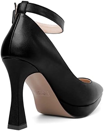 AMBELIGHT Women's Dress Shoes Dress Evening Platform Ankle Strap Chunky Buckle Pointed Toe High Heel 4 Inch Matte Pumps Shoes Black Size 8 - Tacones de Mujer Altos | Image 4