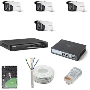 HIKVISION 2MP CCTV IP Camera Full Set, 4 Bullet, 4 Channel NVR, 4 Port JK Vision POE, 1TB Hard Disk, Cat6 Cable (100 Meter), 8 RJ45 Connector Compatible with J.K.Vision RJ45