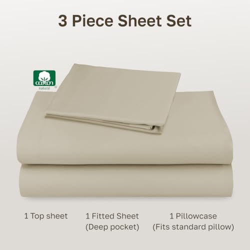 Image of California Design Den Natural 100% Cotton Sheets Twin XL Size Set - Soft Sateen, Twin XL Sheet Sets, 12 inch Pockets, Breathable & Durable Bedding for Dorm Rooms, College Beige (Warm Taupe)