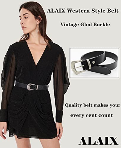 ALAIX Women's Belt Western Belts Silver Gold Buckle Black Leather Belt Black and Gold Belt Pants Jeans Belts for Women2