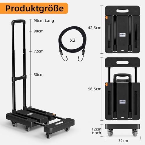 Troozy Sackkarre Klappbar mit Bremsen, Transportwagen 226KG, Sackkarren Klappbare mit 6 Universal-Räder, Plattformwagen mit Verstellbarer Deichsel, 2 Flexibles Seil, Transportkarre Rauscharm, Schwarz