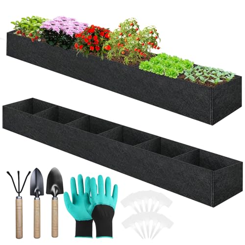 2PCS 12x2x1ft Fabric Raised Garden Bed Outdoor Patio 6 Grids Raised Planter Box Fabric Planters Grow Bags Rectangle Cloth Pots Potato Tomato Strawberry Garden Bed for Growing Vegetables Flower Herb