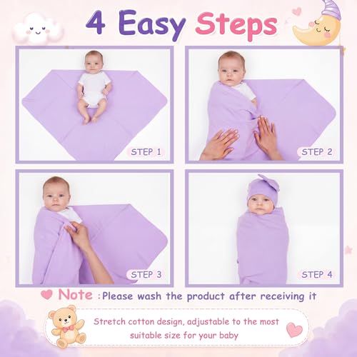 Image of Ramede 6 Set Baby Swaddle Blanket and Hat, 100% Cotton Newborn Receiving Blanket Wrap with Headband, 31.5 inch Soft, Breathable for Girl Boy Nursery Sleep Cradle Sheet Breastfeed Cover(Simple,Pink)