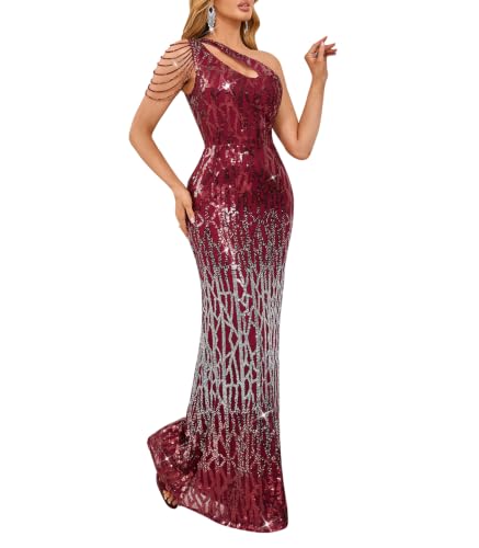 Image of Cololura Women Sequin Elegant Sexy One Shoulder Tassel Mermaid Bodycon Cocktail Evening Dress