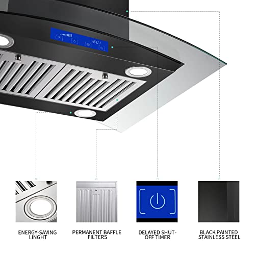 30 Inch Island Range Hood 700Cfm Stainless Steel Convertible, Ceiling Vent Hood With Tempered Glass, 3-Speed Exhaust Fan, Led Lights, Lcd Display Touch Panel And Permanent Grease Filters #TOP3