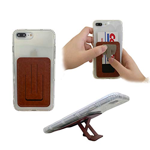 Tainada Stick-On Card Holder Sleeve, Adhesive Faux Leather Phone Wallet Covers Cash, ID/Credit Cards with Built-in Stand for Cell Phones + One Cord Wrapper (Brown)