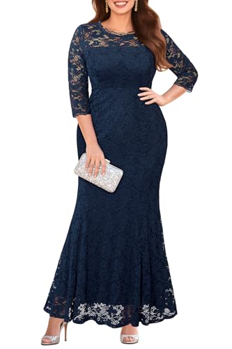Image of Pinup Fashion Plus Size Formal Dress Women Wedding Lace Evening Gowns | Elegant lace mermaid evening gown, sheer 3 /4 sleeves, ideal for mother of the bride, prom, wedding guest
