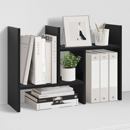 Image of Adjustable Wooden Desktop Bookshelf, Expandable Office Storage Rack, Modern Rectangular Design, Engineered Wood, Glossy Finish (Black)