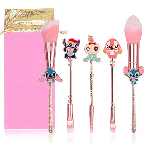 5Pcs Cute Makeup Brushes with Storage Bag, Cartoon Theme Cosmetic Brush Set for Lips Powder Eyeshadow Blushes, Kawaii Portable Makeup Brush Set for Girl Women (Pink-Style B)
