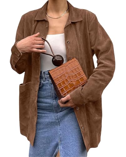 chouyatou Women's Faux Suede Leather Jacket Lapel Collar Button