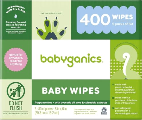 Image of Babyganics Baby Wipes, Unscented Diaper Wipes, 400 Count, (5 Packs of 80)