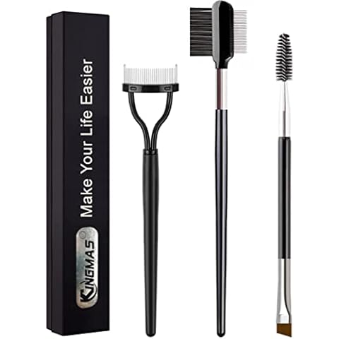 KINGMAS 3Pcs Duo Eyebrow Brush and Spoolie & Eyelash Comb Curlers & Steel Brow Brush Comb Makeup Grooming Tool Cover